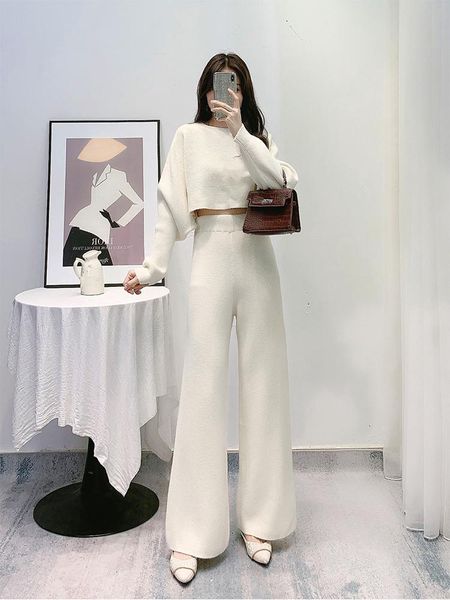 

women's tracksuits winter soft cashmere blend knitted two piece set long sleeve pullover sweater + elastic high wiast pants suit, Gray