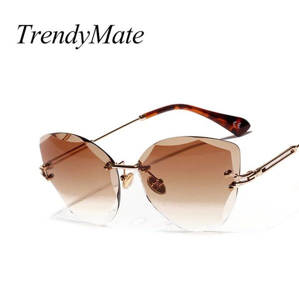 

vintage sunglasses for women cat eye rimless diamond cutting lens brand designer fashion shades sun glasses 5276m, White;black