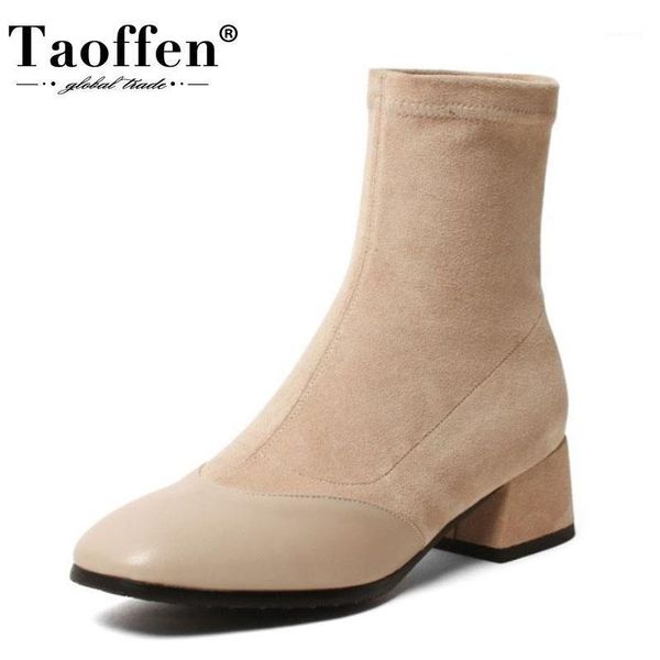 

boots taoffen size 31-43 women ankle stretch square toe slip on shoes winter warm party fashion footwear1, Black