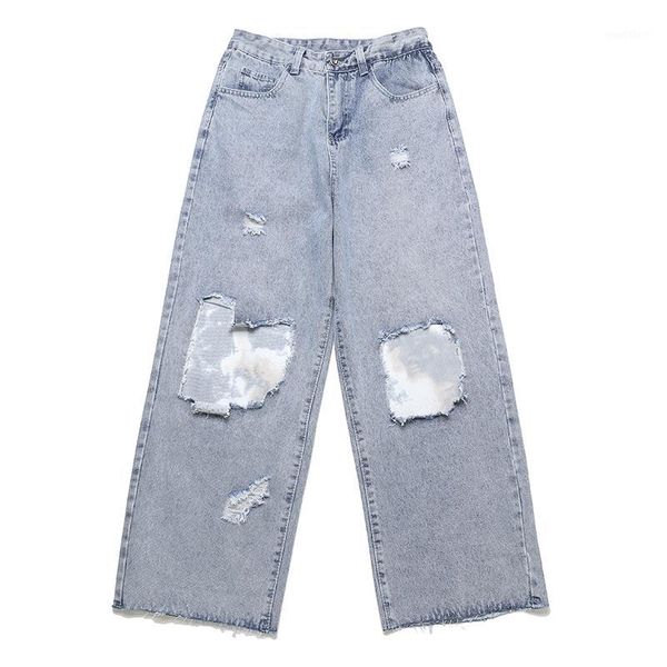 

tie dye hole patchwork denim trousers men and women harajuku wide leg straight loose jeans pants ripped washed streetwear pants1, Blue