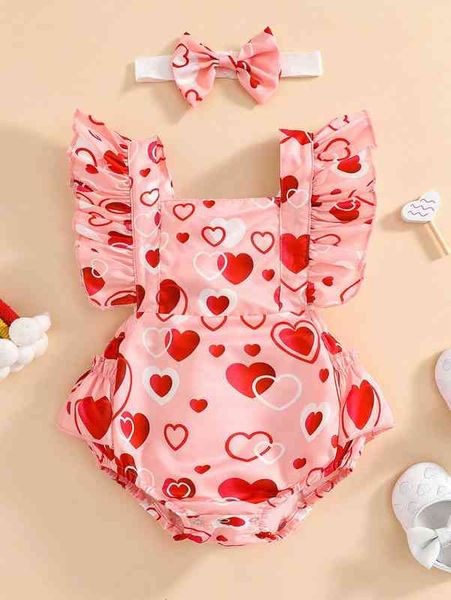 

baby allover heart print ruffle trim bodysuit with headband she, Blue