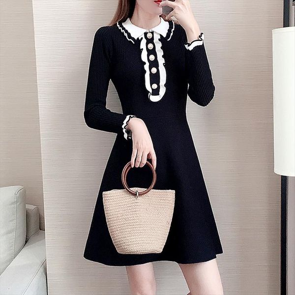 

knitted sweater dresses women slim a line pullover knitted dress 2020 new autumn fashion vintage dress feminino vestidos female, Black;gray