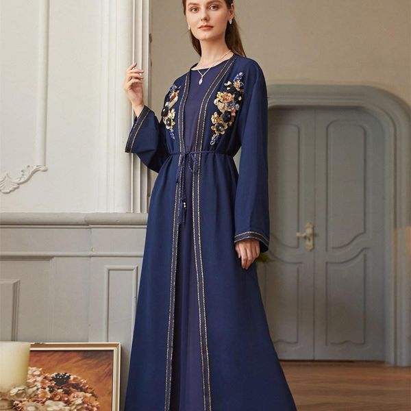 

hand-stitched flower beads muslim abaya dress women solid long africa eid turkey dubai caftan kimono ramadan party islamic ropa, Black;gray