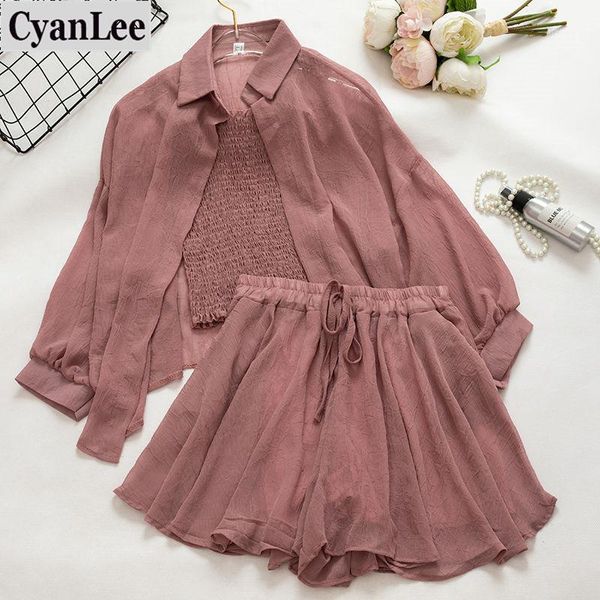 

cyanlee 2020 new summer casual 3 piece set women strapless blouse +loose coat + chiffon pant with bow female three pcs suit1, White