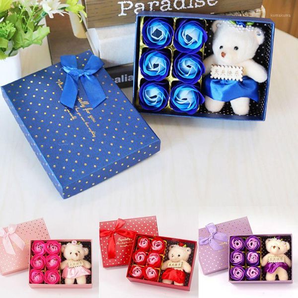 

6pcs scented rose flower petal gift box with bear bath body soap gift wedding party favor flower soap petals 20201