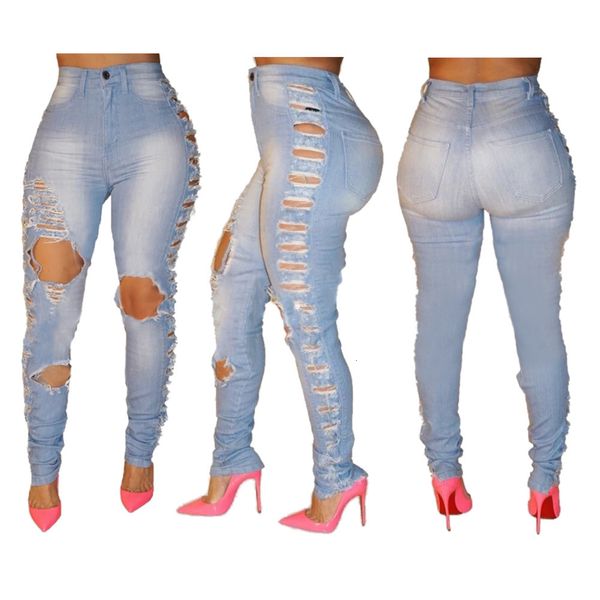 

2020 jeans women's hole washing high waist tight micro elastic leggings, Blue