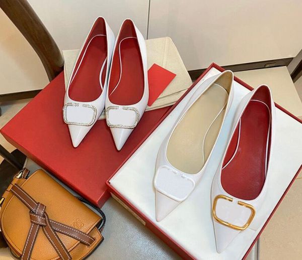 

classic brand spring new metal rhinestone v buckle black pointed flat shoes soft leather low-heeled shoes35-42 c1120