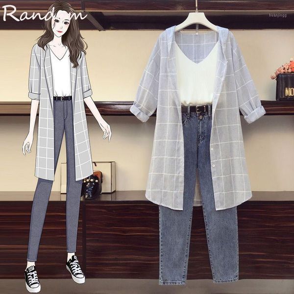 

autunmn women three piece sets plaid long shirt and knit vest and jean pant suit large plus size tracksuit outfit clothing1, Gray