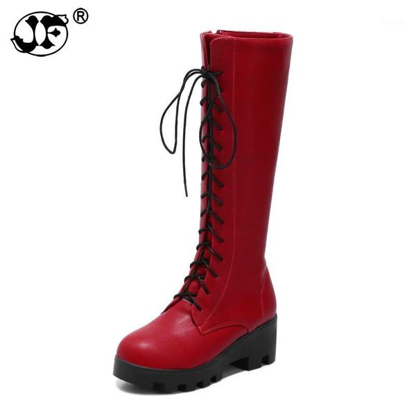 

2020 plus size 34-43 buckles women shoes woman platform lace up square heel riding boots winter footwear chaussure ujk901, Black