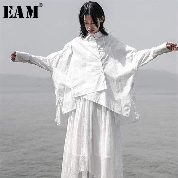 

[eam] new spring autumn lapel long sleeve white loose oversize irregular loose shirt women blouse fashion tide lj200810