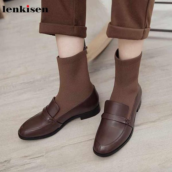 

boots lenkisen preppy style cow leather knitting stretch round toe med heels vintage solid slip on winter women ankle lwf9, Black