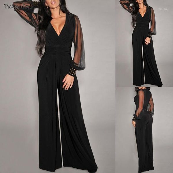 

spring summer women deep v black jumpsuit new mesh rivet straight wide leg female fashion stitching wrap mesh sleeve jumpsuit1, Black;white