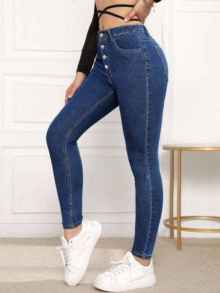 

high waist button fly skinny jeans l886#, Blue