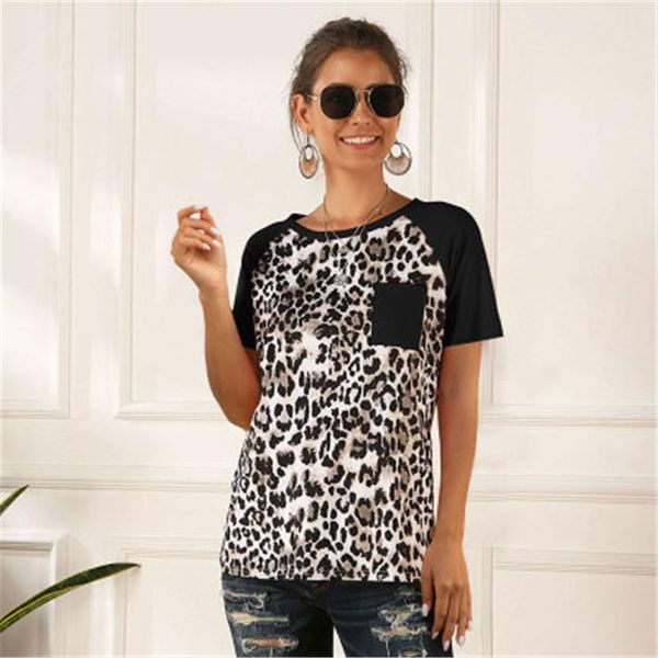 

women leopard print clothes 2020 summer short sleeves o-neck tees pocket ladies clothing t-shirt women tee shirt, White