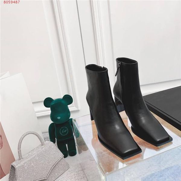 

new autumn winter classic leather ankle boot, square head flat block high heel zipper fashionable ankle boot original packaging, Black