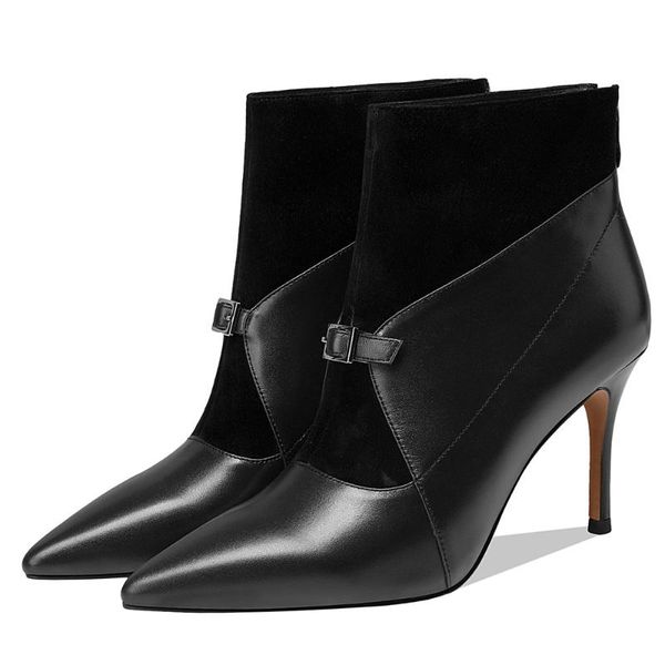 

women's genuine leather patchwork metal buckle decoration autumn ankle boots ladies thin high heel evening dress shoes sale, Black