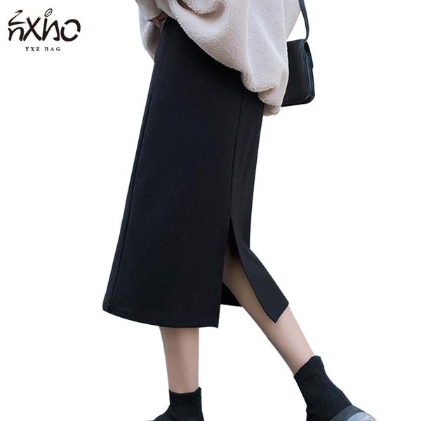 

women knee-length skirt casual korean style long skirts split solid-color straight female all-match high-waist one-step skirt, Black