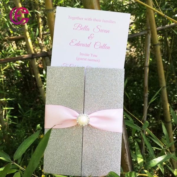 

50pcs/lot glitter invitation with gorgeous ribbon and brooch decoration invitation1