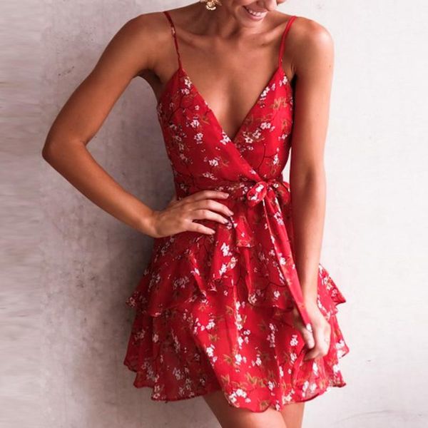

nlw elegant red print short dress women 2019 summer strap v neck backless dress holiday a-line bow chiffon vestidos1, Black;gray
