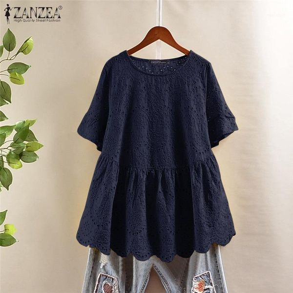 

summer casual cotton blouse zanzea vintage embroidery pleated shirts women solid short sleeve hollow tunic female blusas1, White