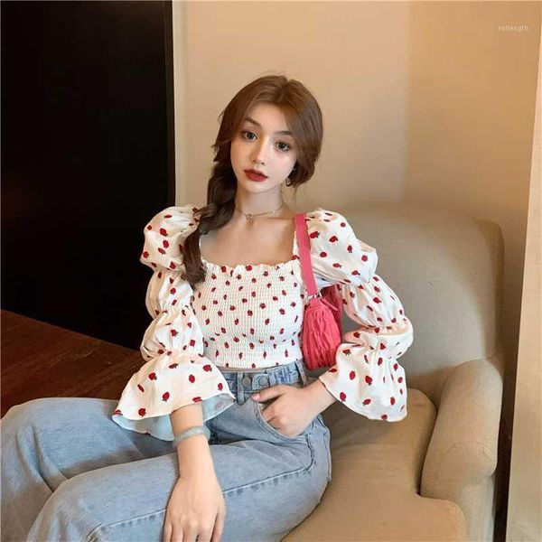 

flare sleeve ulzzang crop women spring square collar shirts korean clothes fashion strawberry print blouse sweet style1, White