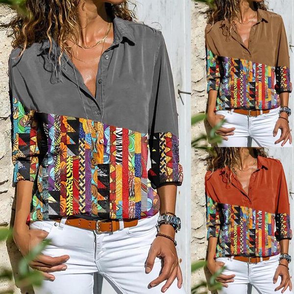 

women fashion pactwork print buttons long sleeves loose blouse autumn and winter vintage plus size blusas femininas#351, White