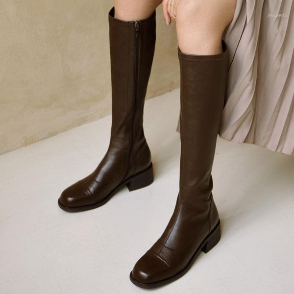 

boots women's genuine leather great pu leg patchwork low heel comfortable autumn knee high casual rouns toe long shoes 1, Black