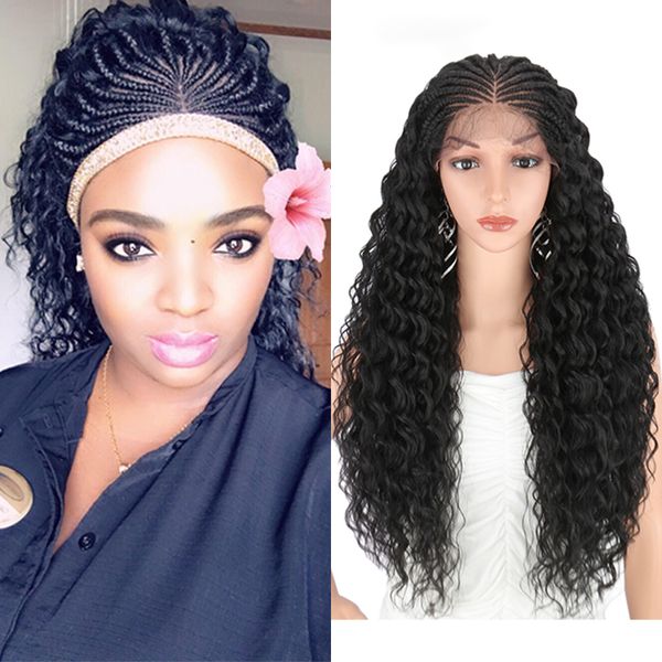 

kalyss 28 inches hand braided wigs for black women synthetic lace front wig with baby hair curly wavy for cosplay wig women wigs, Black;brown