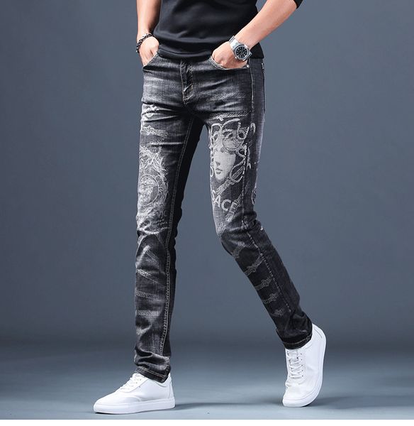 

2021 new male fashion men's camouflage stitching jeans print high-end casual slim denim pants straight trousers cd93, Blue