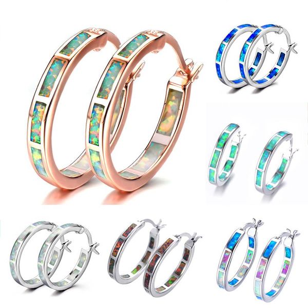 

boho female blue white fire opal earrings small round circle hoop earrings for women silver color rose gold, Golden;silver