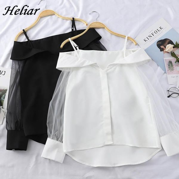 

only plus chiffon shirt transparent sleeve slash shoulder spaghetti 2020 spring buttoned up blouse for women fashion shirt, White