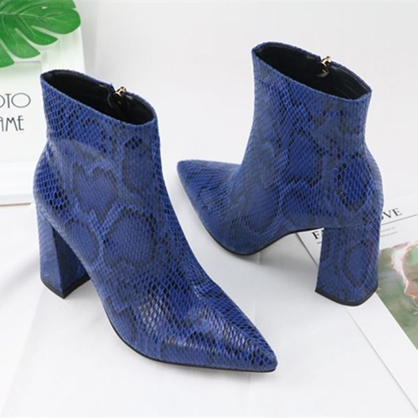 

print snake pu women ankle boots zip pointed toe footwear thick high heels female boot party shoes women 2020 new winter y200723, Black