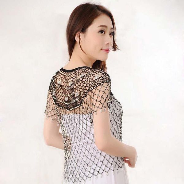 

summer autumn fashion female thin capelet shawl lace hollow out beading short cardigan crochet knitted coat women1, Black;brown