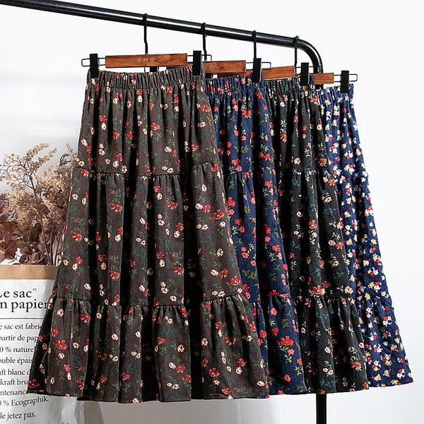 

skirts vintage floral corduroy midi skirt women autumn and winter ladies slimming casual fashion a-line cake faldas de mujer y664, Black