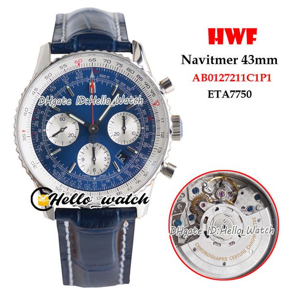 

new b01 ab0127211 eta7750 chronograph automatic mens watch blue dial white subdial steel case blue leather satch hello_watch hwbe, Slivery;brown