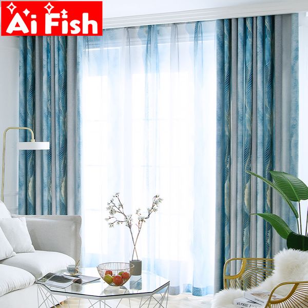 Tenda Semplice stile bohémien sfumato blu a strisce con tende a foglia per soggiorno camera da letto oscurante di alta qualità # 4 LJ201224
