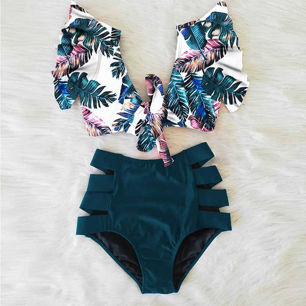 

high waist ruffled bikini set 2020 flounce biquini swimwear women two pieces swimsuit floral beachwear v-neck bathing suit, Black