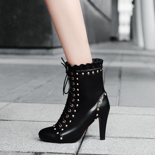 

ymechic fashion high heel boots white cross tied bride wedding party womens shoes ruffles black gothic ankle boots winter autumn