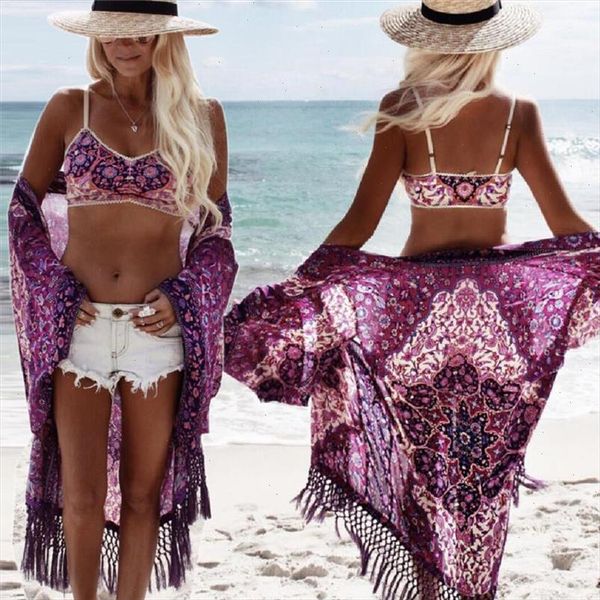 

bohemian style 2021 summer purple kimono cardigan casual fashion boho hippie embroidery tassel ladies shirts women n149, White