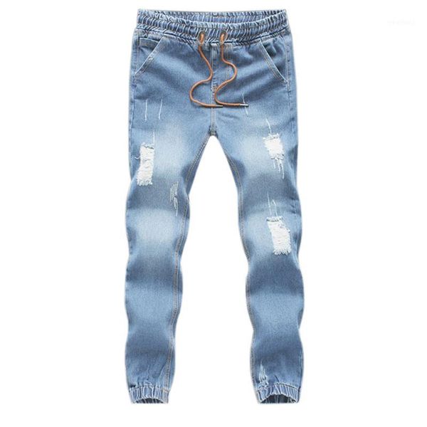 

men's jeans men fashion drawstring slim fit denim ankle length casual pants1, Blue