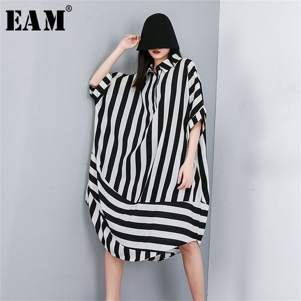 

[eam] new spring summer lapel half sleeve black striped printed split joint big size shirt women blouse fashion tide lj200812, White