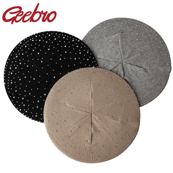 

berets geebro women spring autumn cotton beret female casual knitting painters hat with rhinestone elegant ladies vintage, Blue;gray