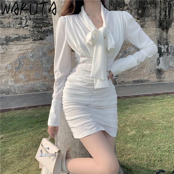 

casual dresses wakuta ladies elegant bandage short korean fashion skinny bow tie draped golden buttons mini dress feminino all match, Black;gray