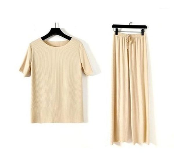 

summer thin knitting suit women short sleeve long wide leg pants two piece set1, Gray