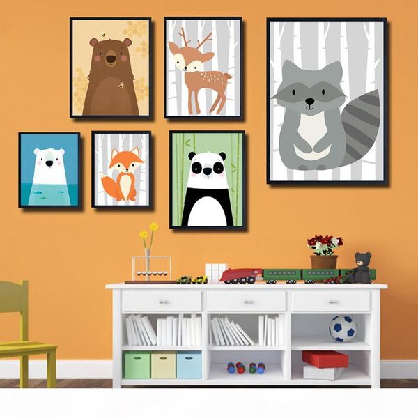 

cartoon nursery wall art animal cute bear canvas poster baby deer raccoon print painting nordic kid bedroom decor picture
