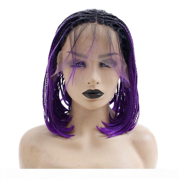 

fashion braided lace front wig short bob ombre purple braids wig with baby hair 14inch american braids heat resistant synthetic wig, Black