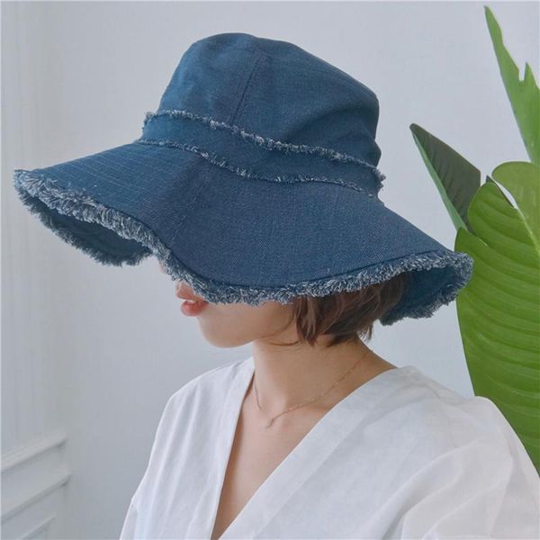 

wide brim hats [super seabob] 2021 spring summer woman stylish personality blue color spliced furr denim fisherman hat all match lm016, Blue;gray