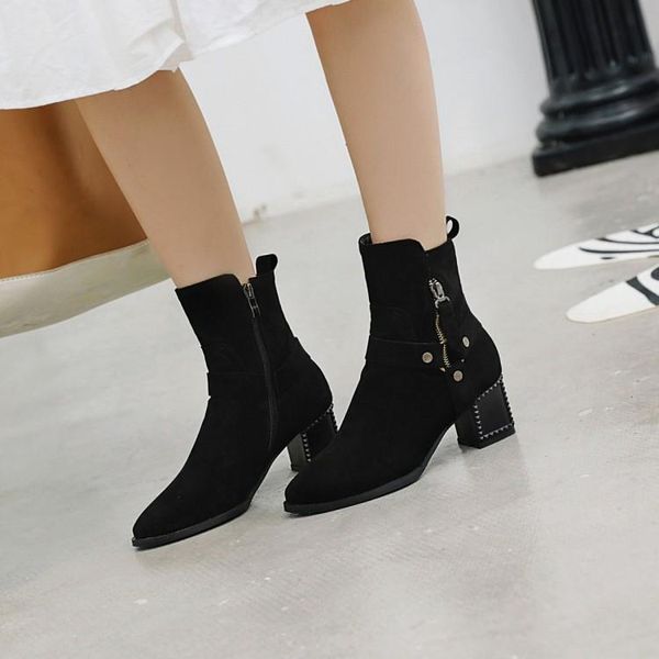 

boots oversized 12 women shoes ankle for ladies woman winter belt buckle metal trim, Black
