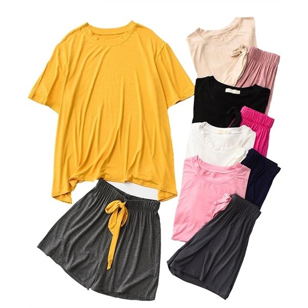

spring and summer new women homewear contrast color comfort home clothing soft ladies soft pajamas set round neck+shorts female 210203, Black;red