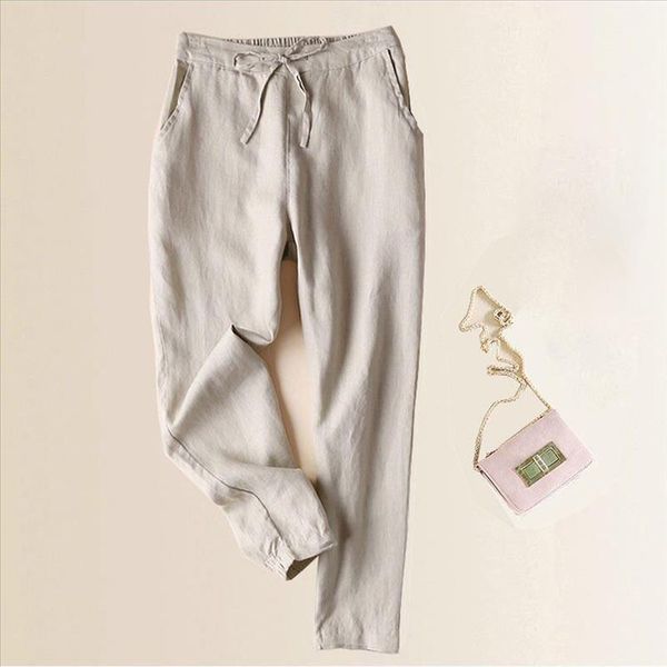

womail summer womens casual trousers straight full length pants polyester cotton linen elastic waist pants dropship may10, Black;white